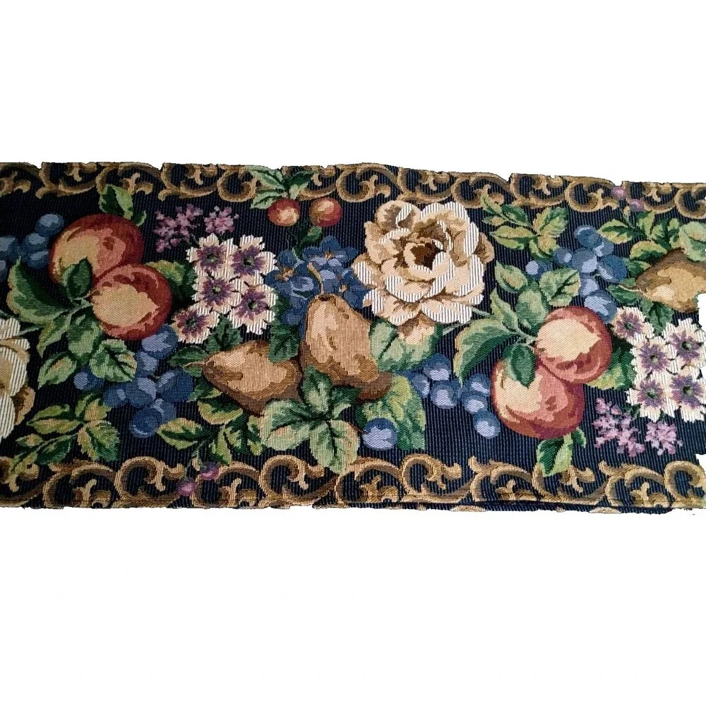 Classical Tapestry Cloth Table Runner Roses and Fruit Fringe 74” - Picture 2 of 4